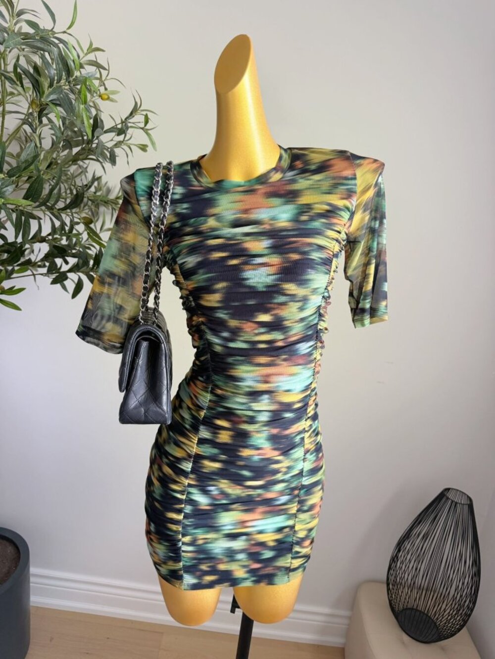 Sunday Best Abstract Print Mesh Ruched Bodycon Mini Dress S
